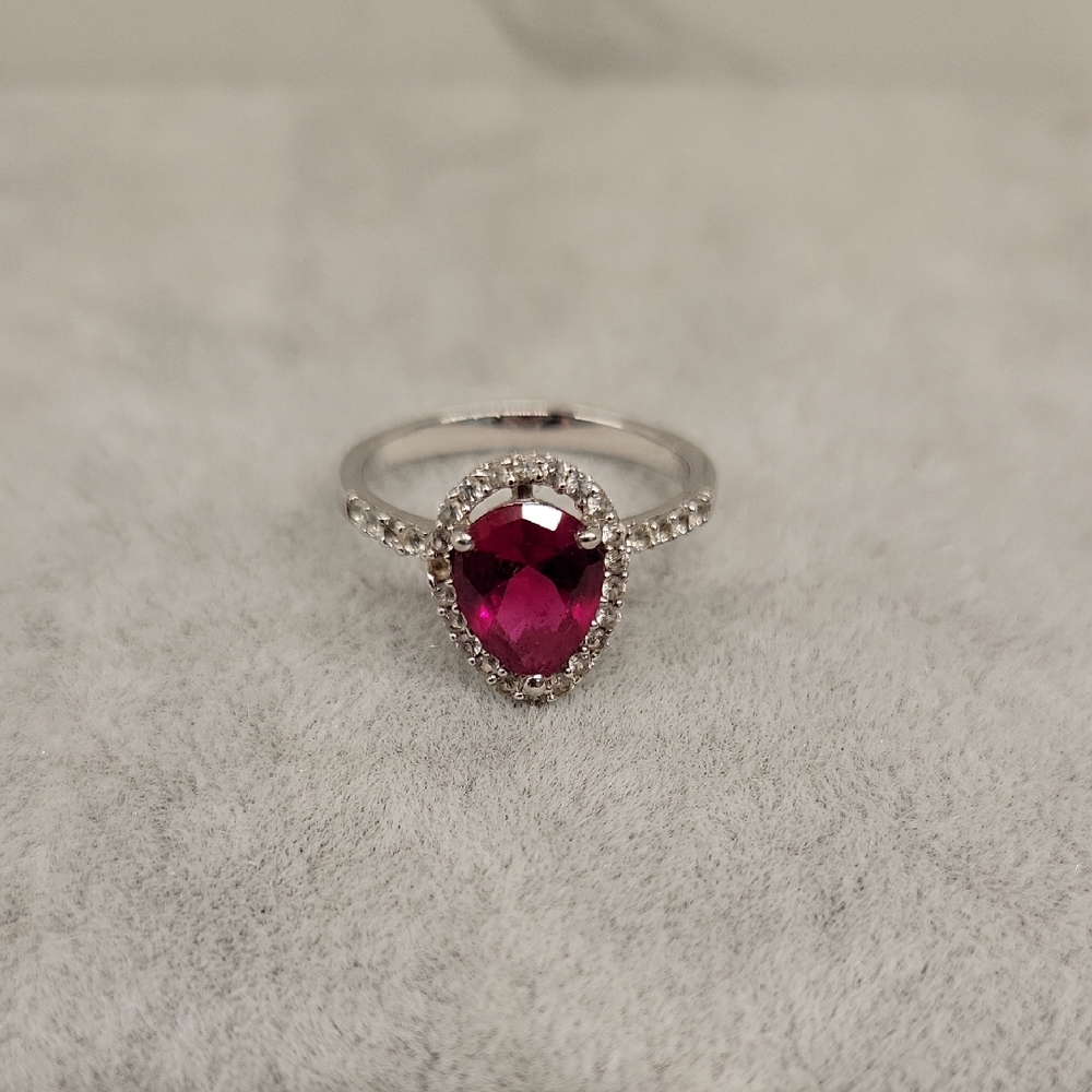 925 Silver Ring With Synthetic Ruby And Diamonds Size 7